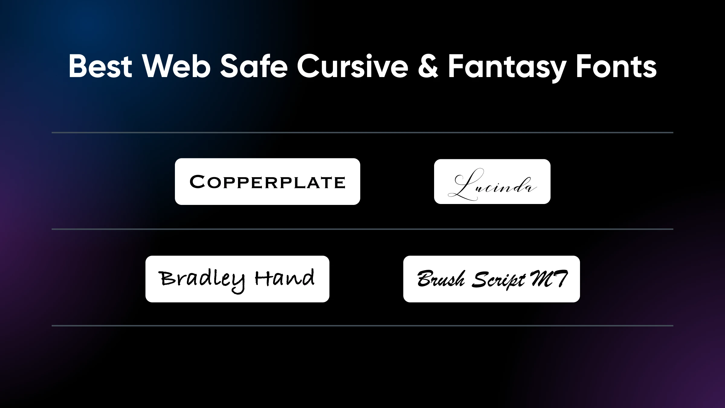 The Ultimate List Of Web Safe Fonts 17 &Quot;Best Web Safe Cursive &Amp; Fantasy Fonts&Quot; And Logos Of Four Font Brands: Copperplate, Lucinda, Bradley Hand, Brush Script Mt.
