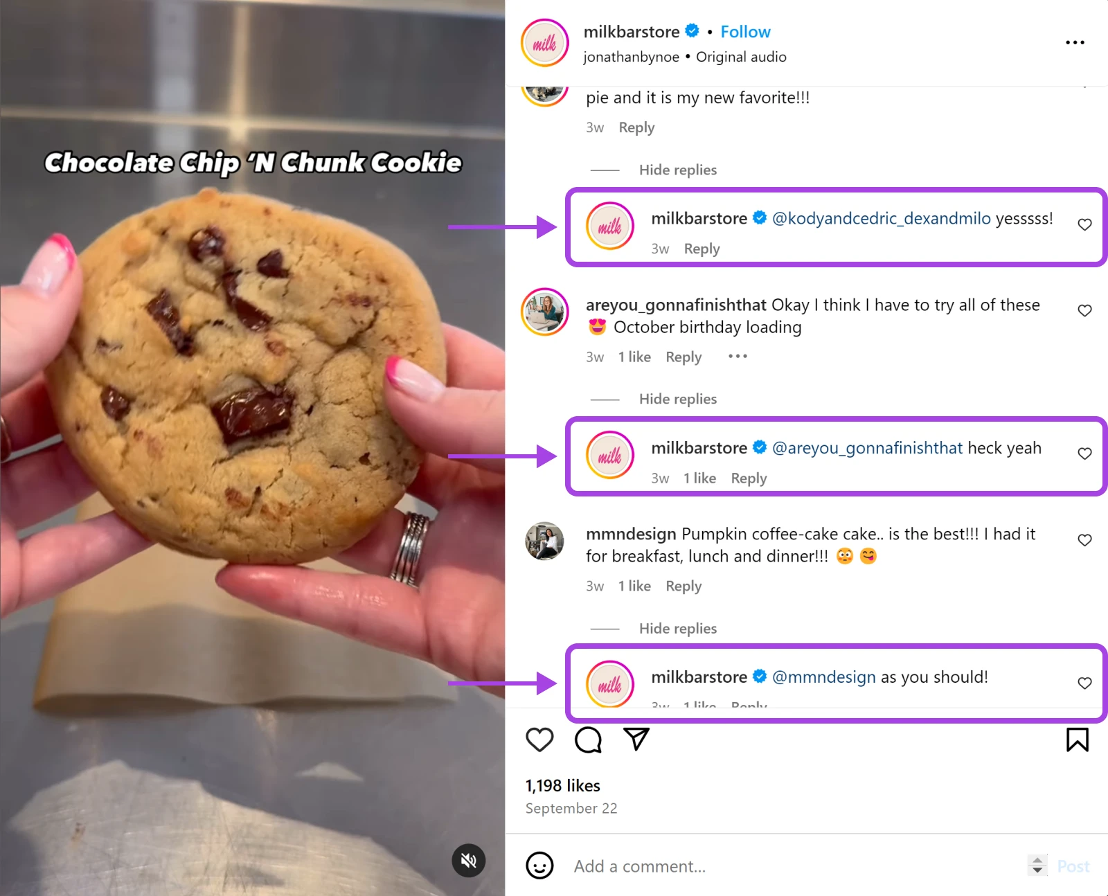 How To Get More Likes On Your Instagram Posts 5 Instagram Post From @Milkbarstore About Chocolate Chip Cookies Showing The Company Account Responding To Each And Every Comment
