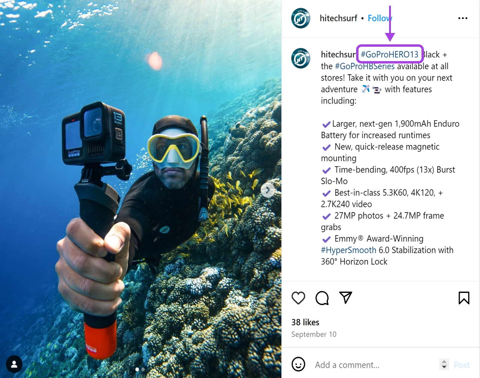 How To Get More Likes On Your Instagram Posts 7 Instagram Post From @Hitechsurf With A Picture Of A Diver In A Wet Suit By Coral Holding A Gopro , Tagging #Goprohero13 In Their First Comment