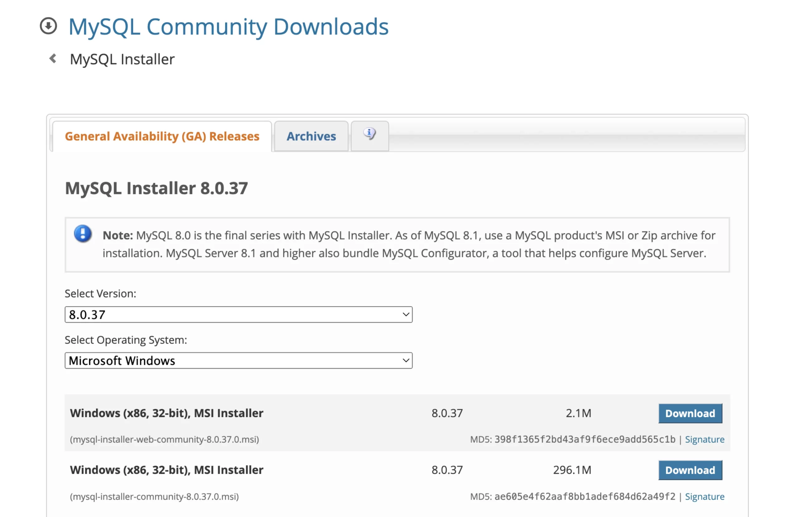 How To Create And Manage Mysql Users 10 Mysql Community Downloads Page Showing Mysql Installer 8.0.37 Options For Windows, With Download Links And File Details.