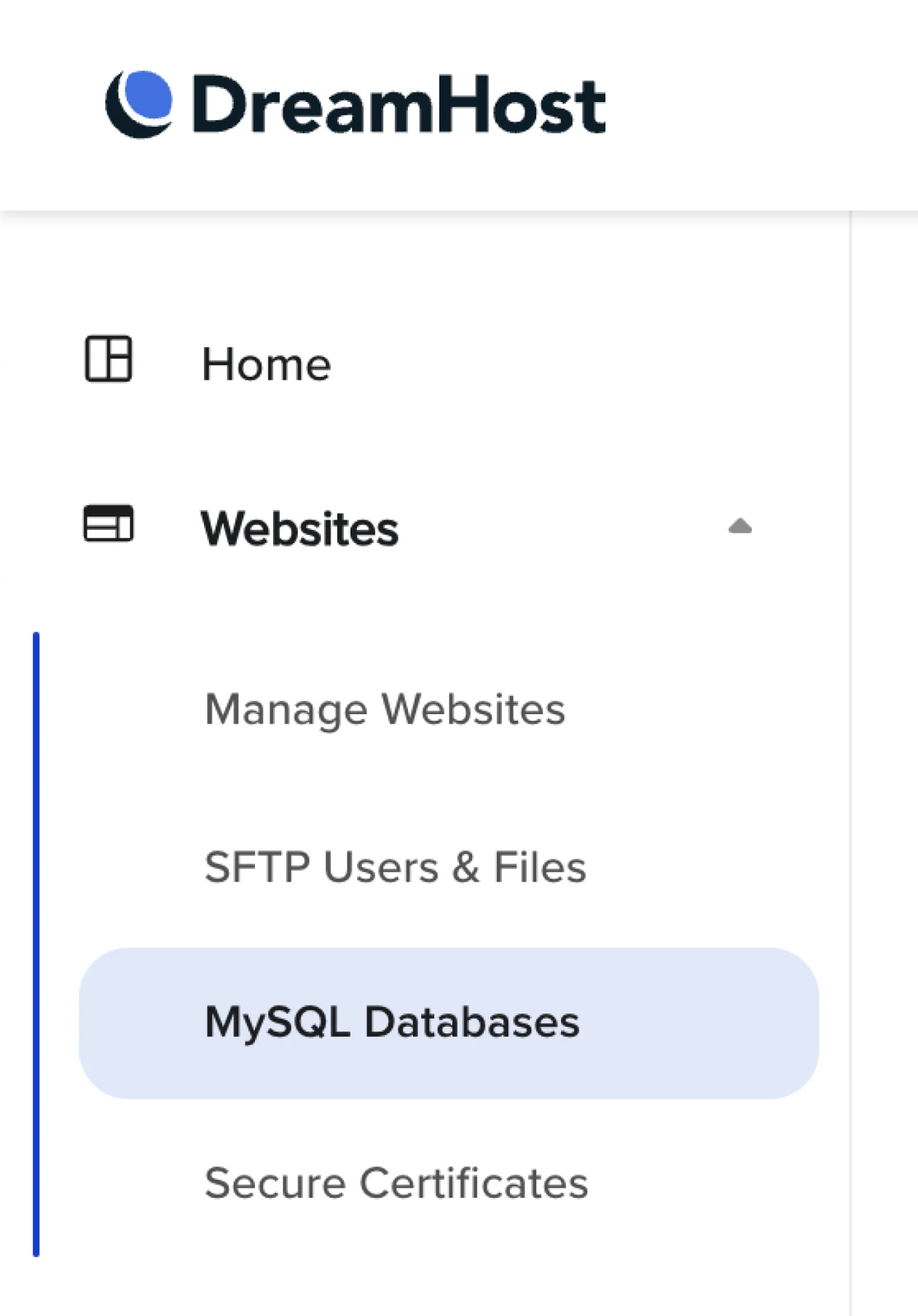 How To Create And Manage Mysql Users 11 Dreamhost Control Panel Menu Showing Options Including Home, Websites, And Mysql Databases Highlighted In Blue.