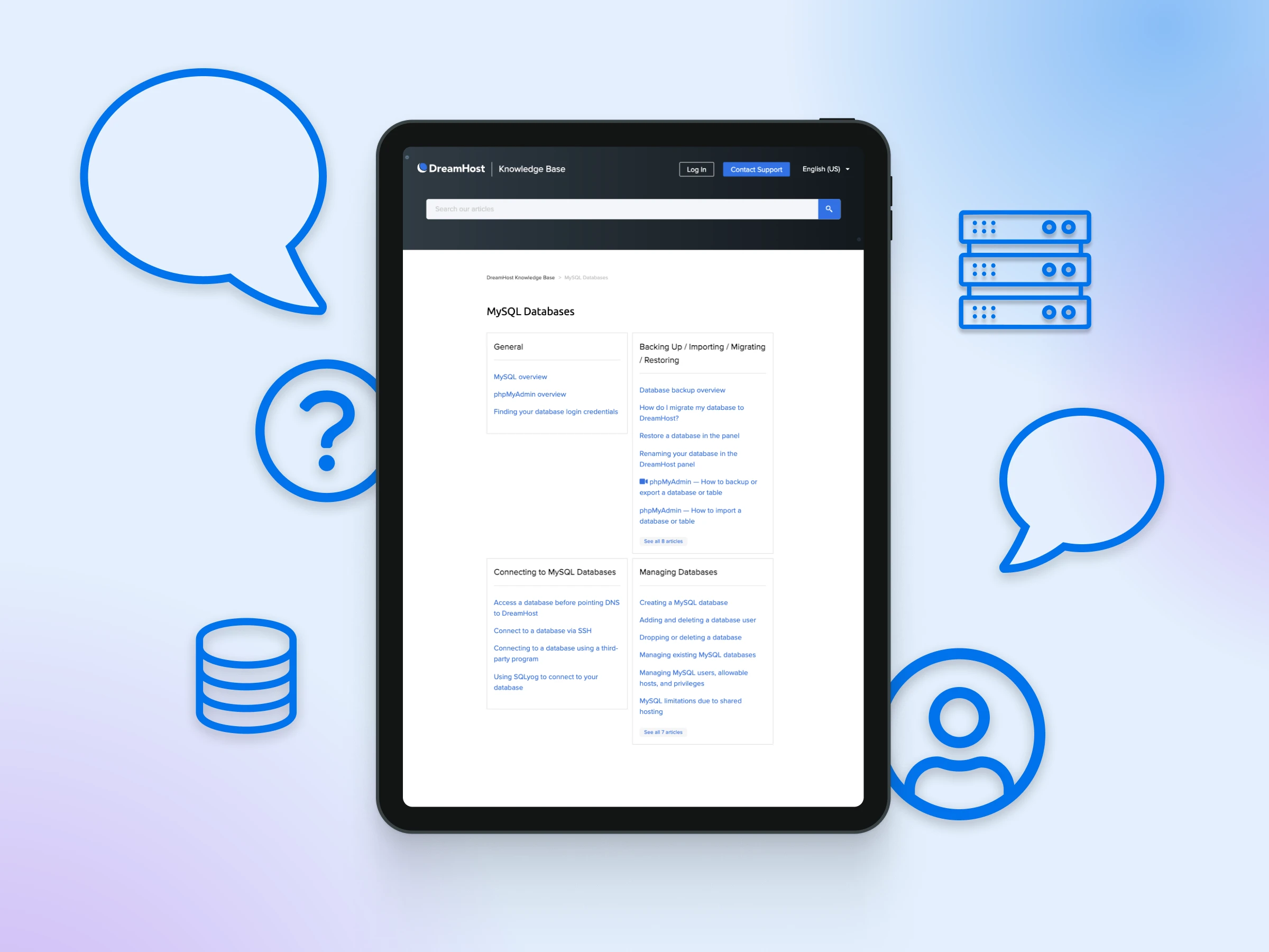 How To Create And Manage Mysql Users 12 Tablet Displaying Dreamhost Knowledge Base Page On Mysql Databases, With Icons Of Chat Bubbles, Servers, And Users Around It.