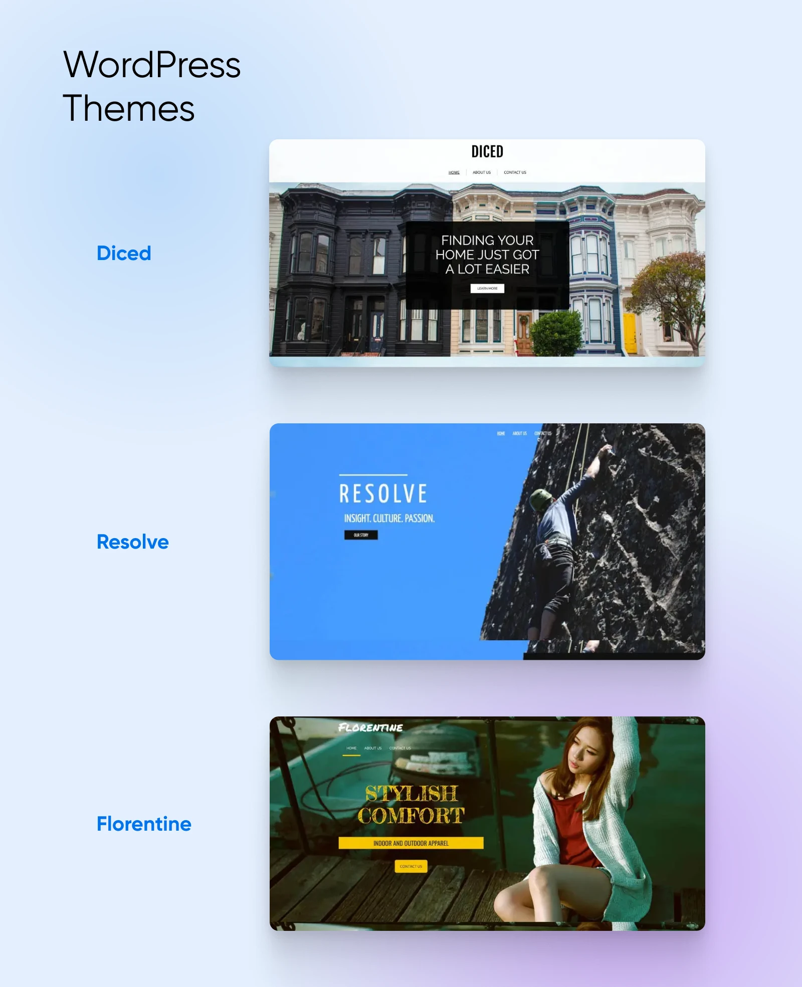 The Current State Of Website Builders 8 Images Show Previews Of Three Wordpress Themes: Diced, Resolve, And Florentine