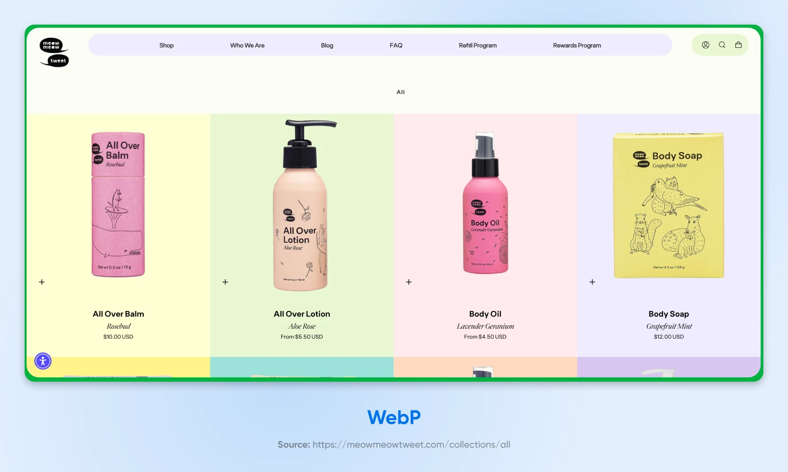 Avif Vs. Webp: Which Image Format Should You Choose? 21 Screenshot From Meow Meow Tweet Showing 4 Items From A Product Line: All Over Balm, Lotion, Body Oil, And Soap