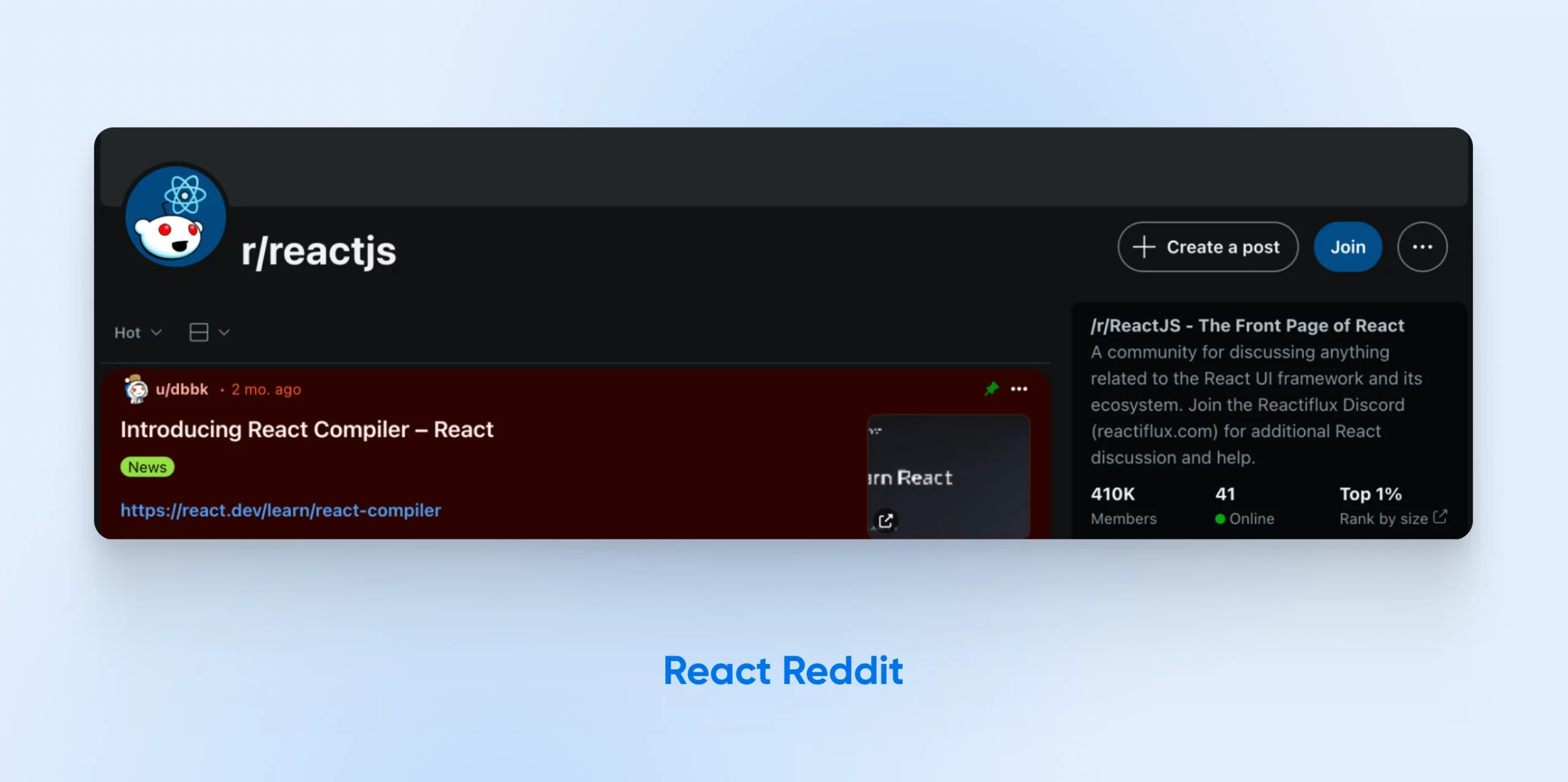 Svelte Vs. React: The Ultimate Javascript Framework Showdown 21 The R/Reactjs Subreddit Is Shown. It Has 410K Members.