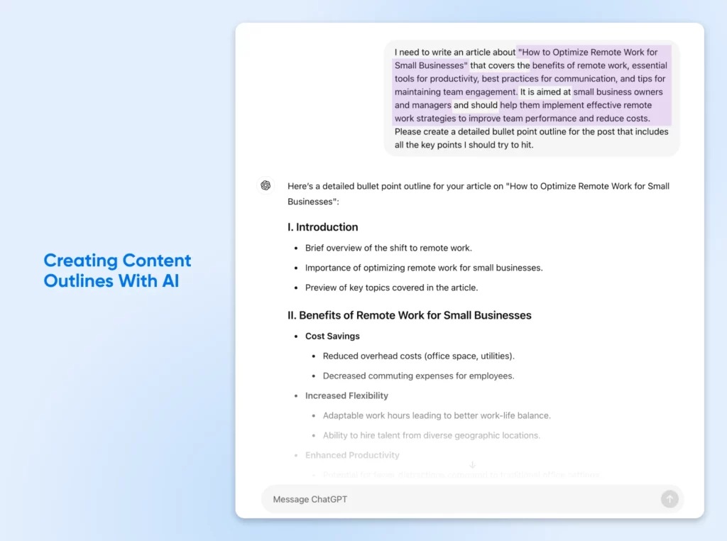 Planning Your 2025 Content Strategy Checklist 5 Screenshot Of Chatgpt Creating An Outline With The Above Prompt Entered With Fleshed Out Fields Like &Quot;How To Optimize Remote Work For Small Businesses&Quot; Plugged In For The Title.