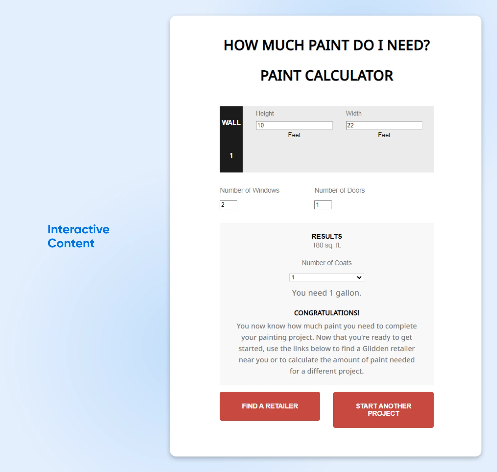 Planning Your 2025 Content Strategy Checklist 6 Screenshot Of Glidden'S Paint Calculator With Inputs For &Quot;Height,&Quot; &Quot;Width,&Quot; &Quot;Number Of Windows,&Quot; And &Quot;Number Of Doors,&Quot; And A Resulting Calculation In 180 Square Foot For 1 Gallon Of Paint Required.