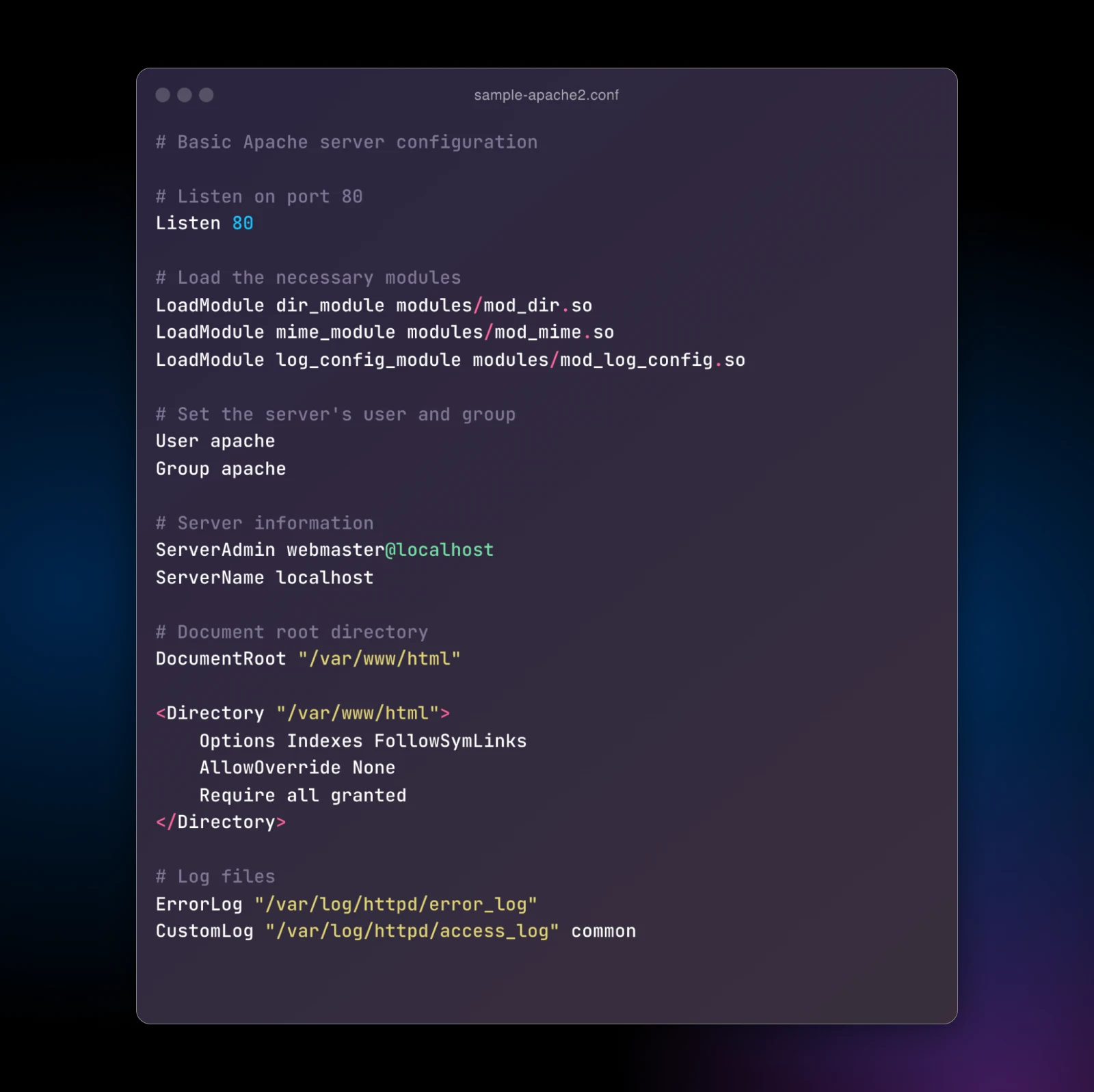 Nginx Vs. Apache: How To Choose The Best Web Server 16 Basic Apache Server Configuration File Screenshot, Showing Settings For Port, Modules, User, Directories, And Logs.