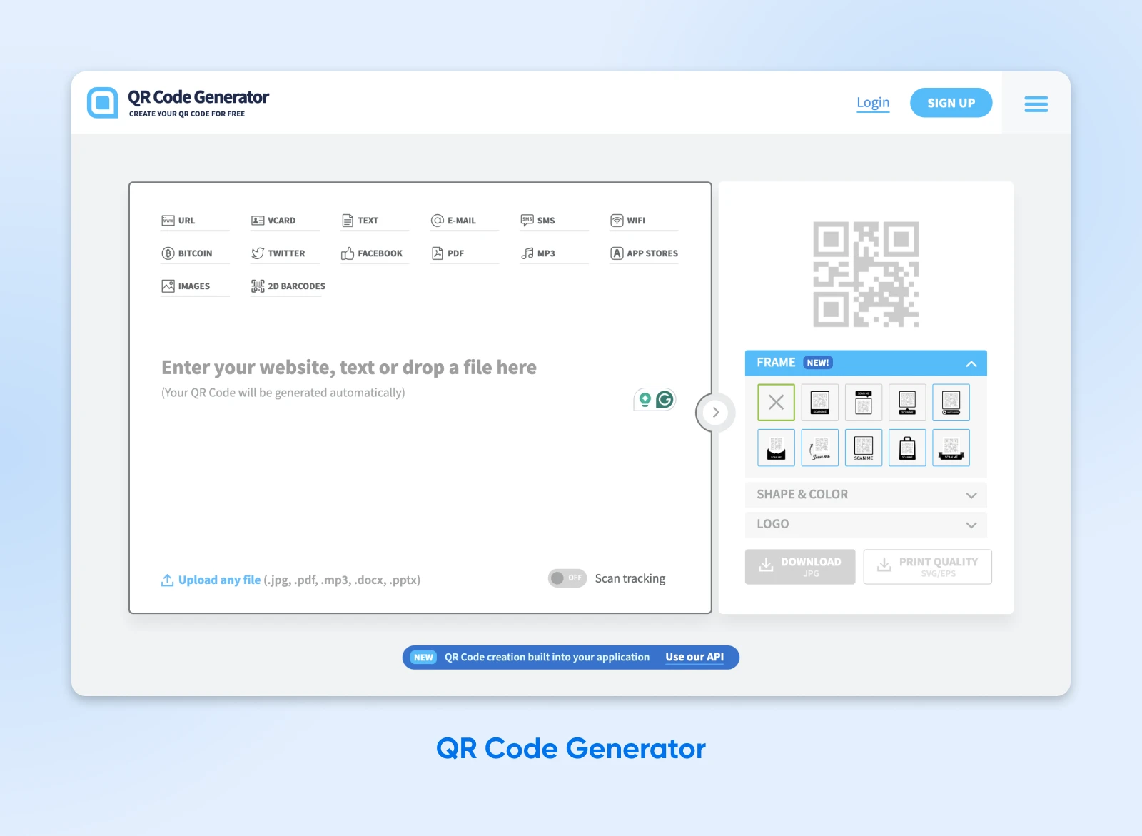 How To Generate Qr Codes (8 Tools Compared) 45 Qr Code Generator'S User Interface Prompts You To Enter Your Website Or Text Or Drop A File To Begin