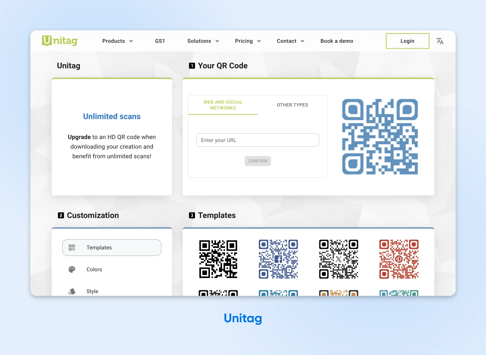 How To Generate Qr Codes (8 Tools Compared) 48 Unitag'S User Interface Shows Your Qr Code Design At The Upper Right Next To A Form Field To Enter Your Url.