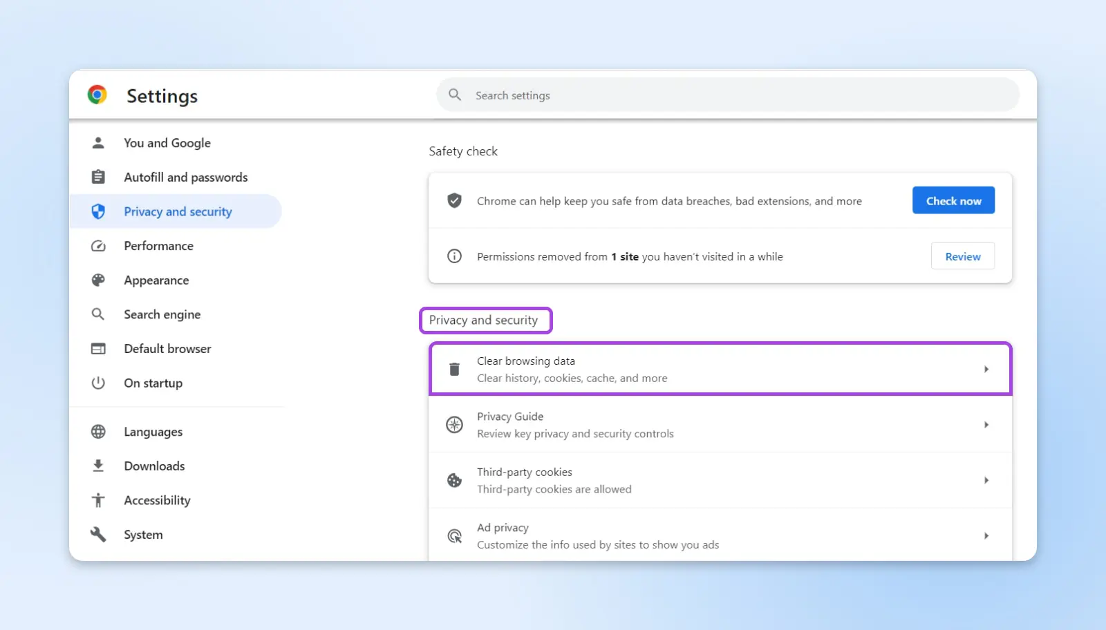 How To Fix &Quot;Connection Refused&Quot; Error 14 Screenshot Of The &Quot;Privacy And Security&Quot; Menu In Chrome With Attention To The &Quot;Clear Browsing Data&Quot; Option On The Right Side