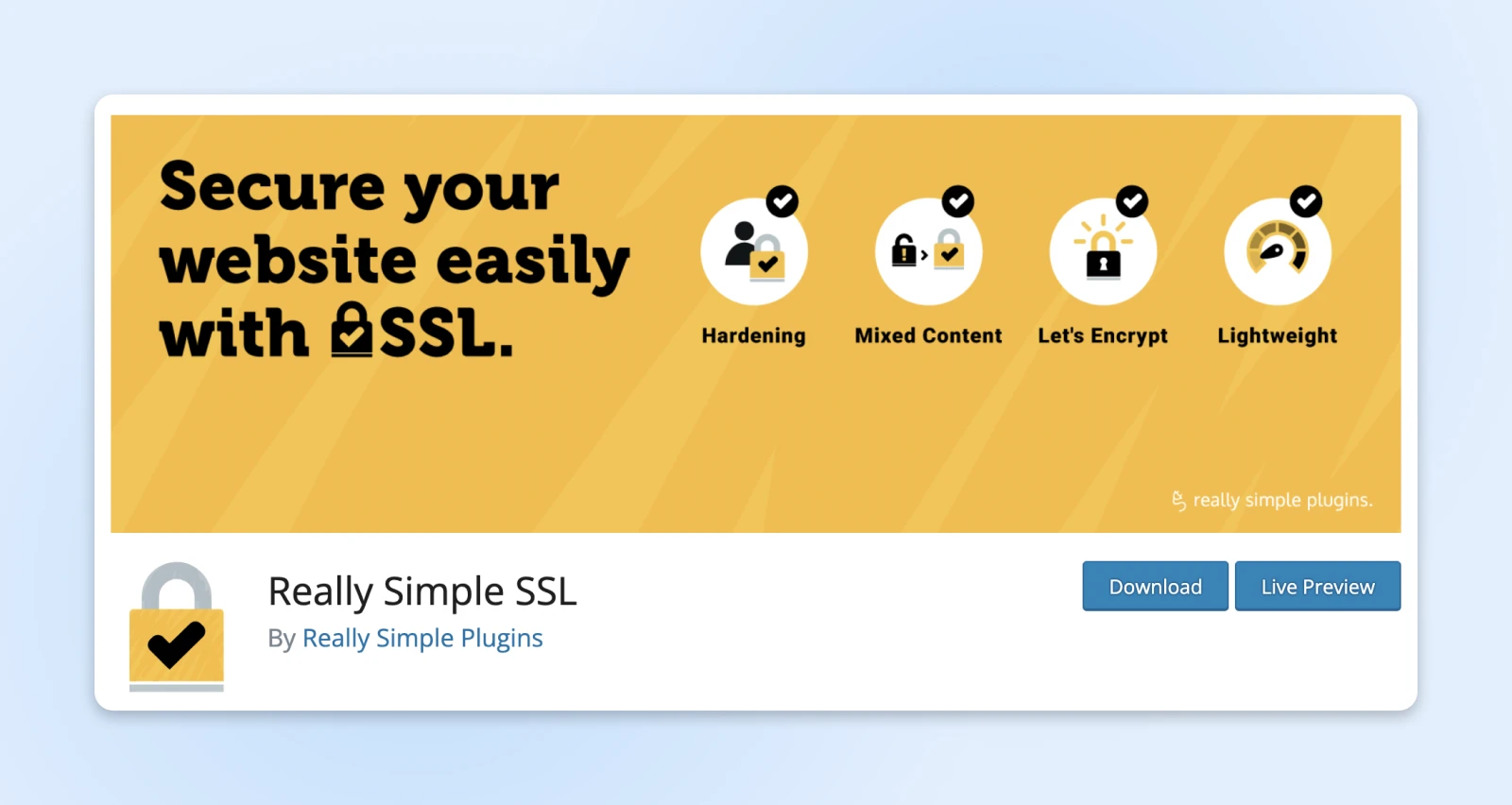 How To Fix Common Ssl Issues In Wordpress 45 Screenshot Of The Really Simple Ssl Found On Wordpress.org With Download And Preview Buttons
