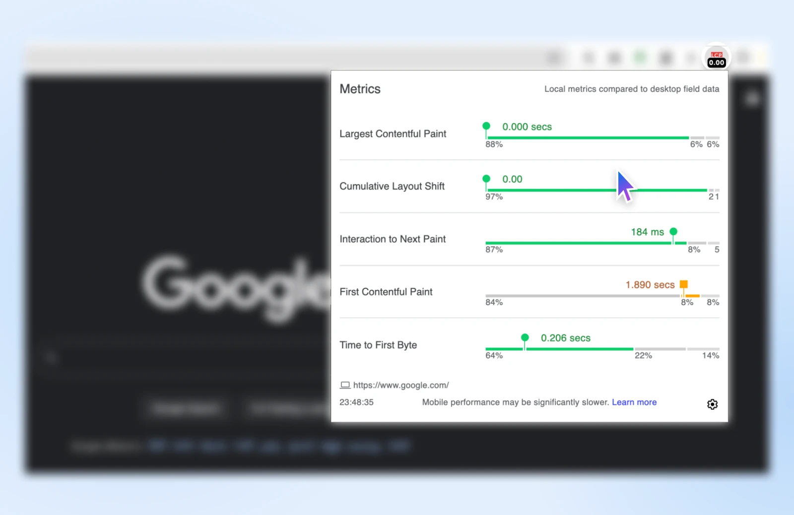 How To Improve Core Web Vitals 22 Screenshot Of The Metrics Extension In Use Showing Response Times For Lcp, Cls, Inp, Fcp And Time To First Byte