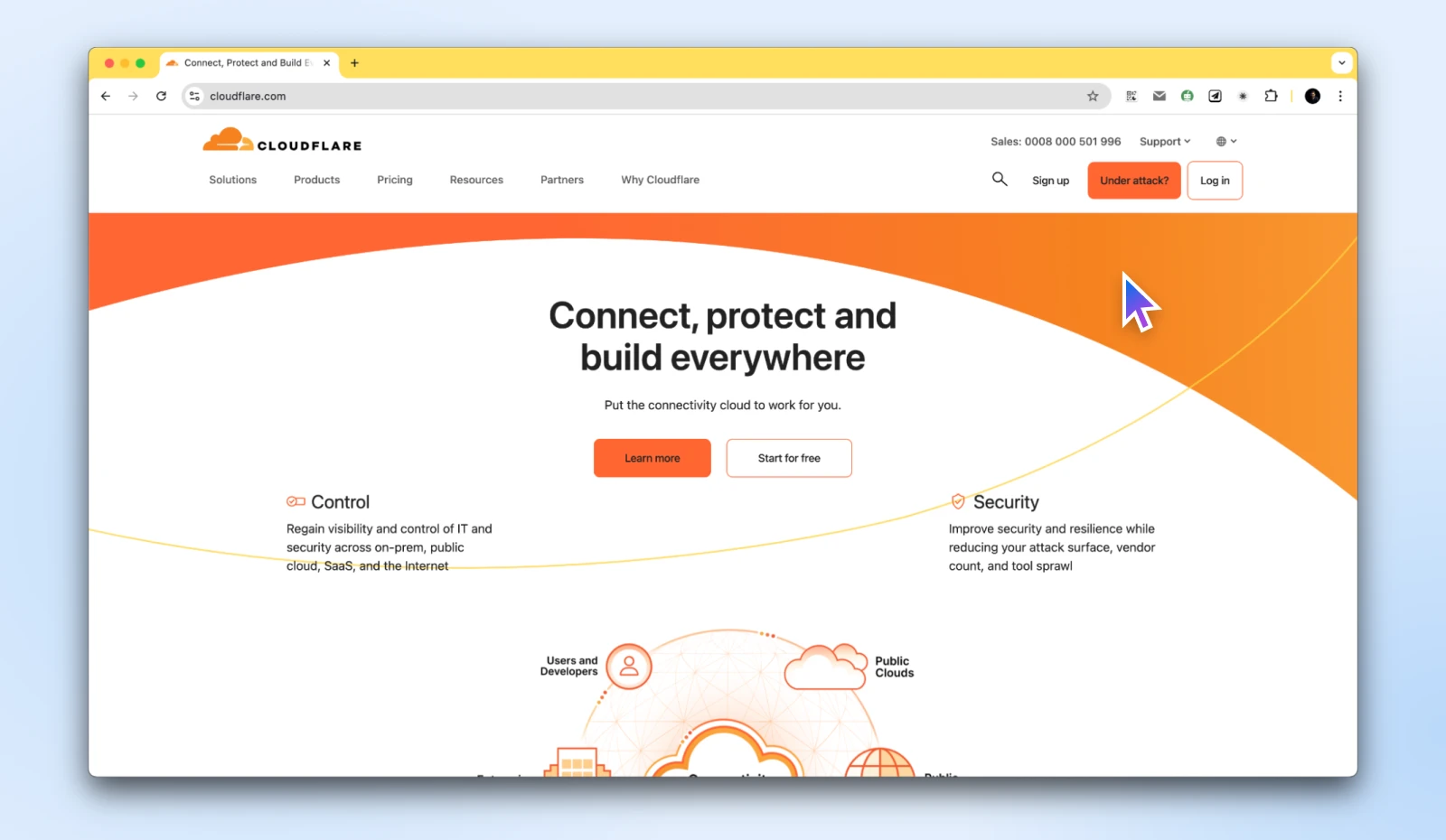 How To Improve Core Web Vitals 26 Screenshot Of Cloudfare'S Home Page With Heading Connect, Protect, And Build Everywhere