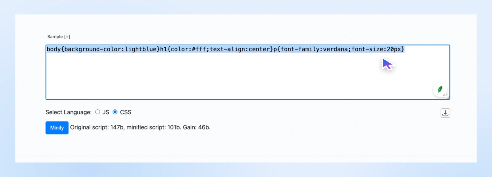 How To Improve Core Web Vitals 25 Screenshot Of Css Minifier Sample Code Showing A Select Language Option Between Js And Css And A Button To &Quot;Minify&Quot;