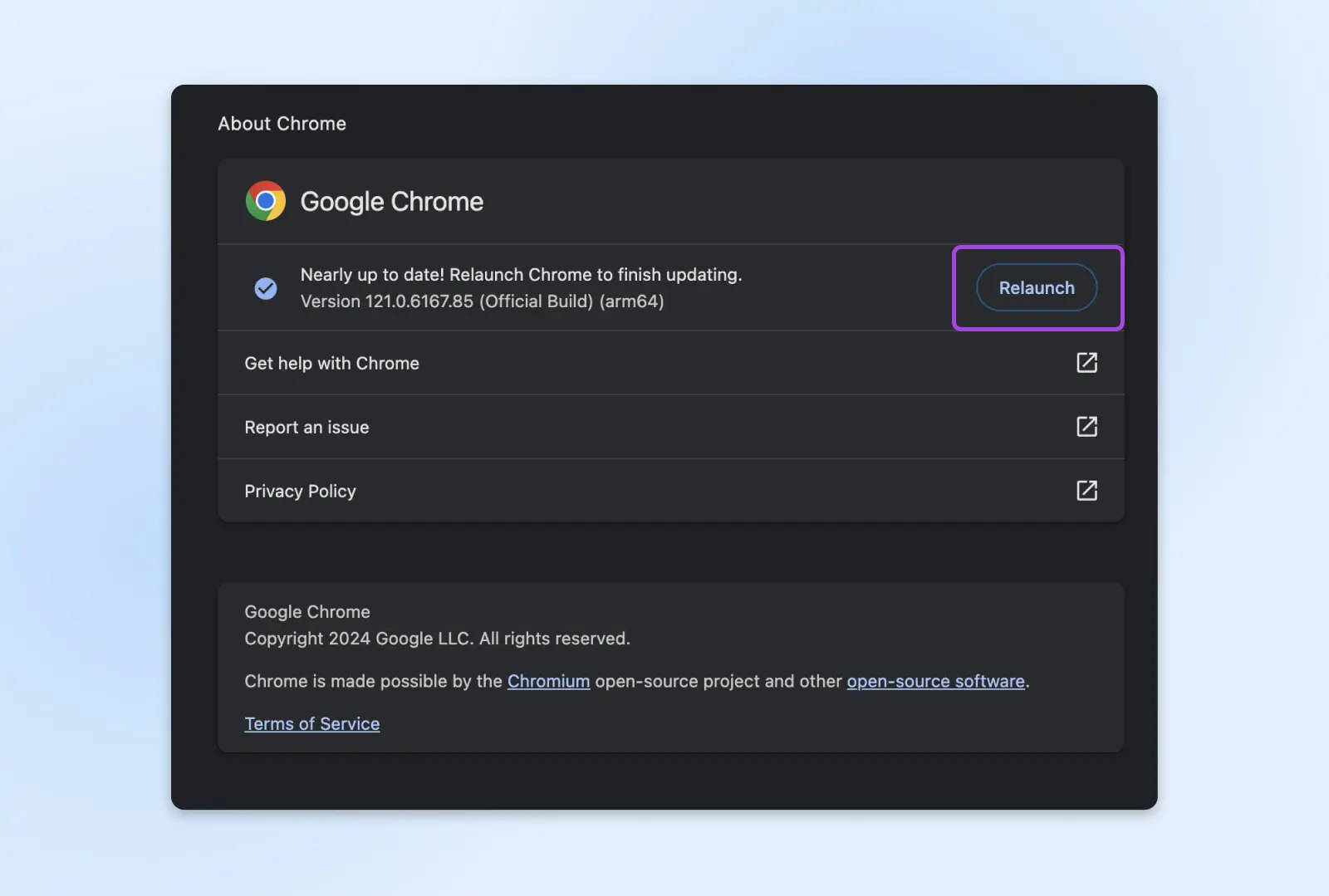 How To Fix The Err_Ssl_Protocol_Error (8 Ways) 17 About Chrome Settings Box Showing The Relaunch Button To The Right Of &Quot;Nearly Up To Date! Relaunch Chrome To Finish Updating&Quot;