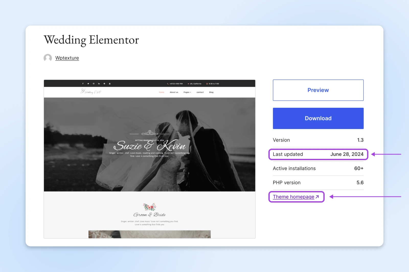Craft A Beautiful Wedding Website With Wordpress 25 Wordpress 'Wedding Elementor' Theme Page. Highlighted: 'Last Updated' And 'Theme Homepage' Links.