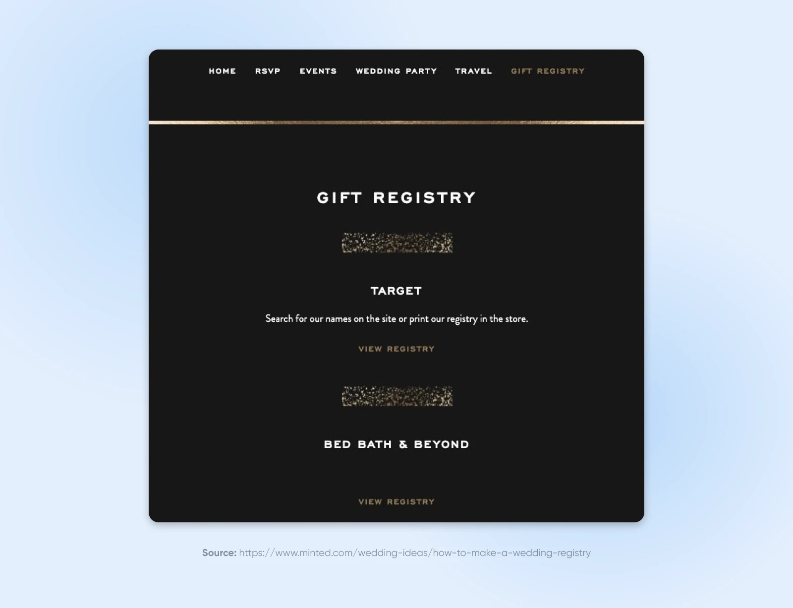 Craft A Beautiful Wedding Website With Wordpress 32 Wedding Website Gift Registry Page. Options For Target And Bed Bath &Amp; Beyond, With Navigation Menu And View Registry Buttons