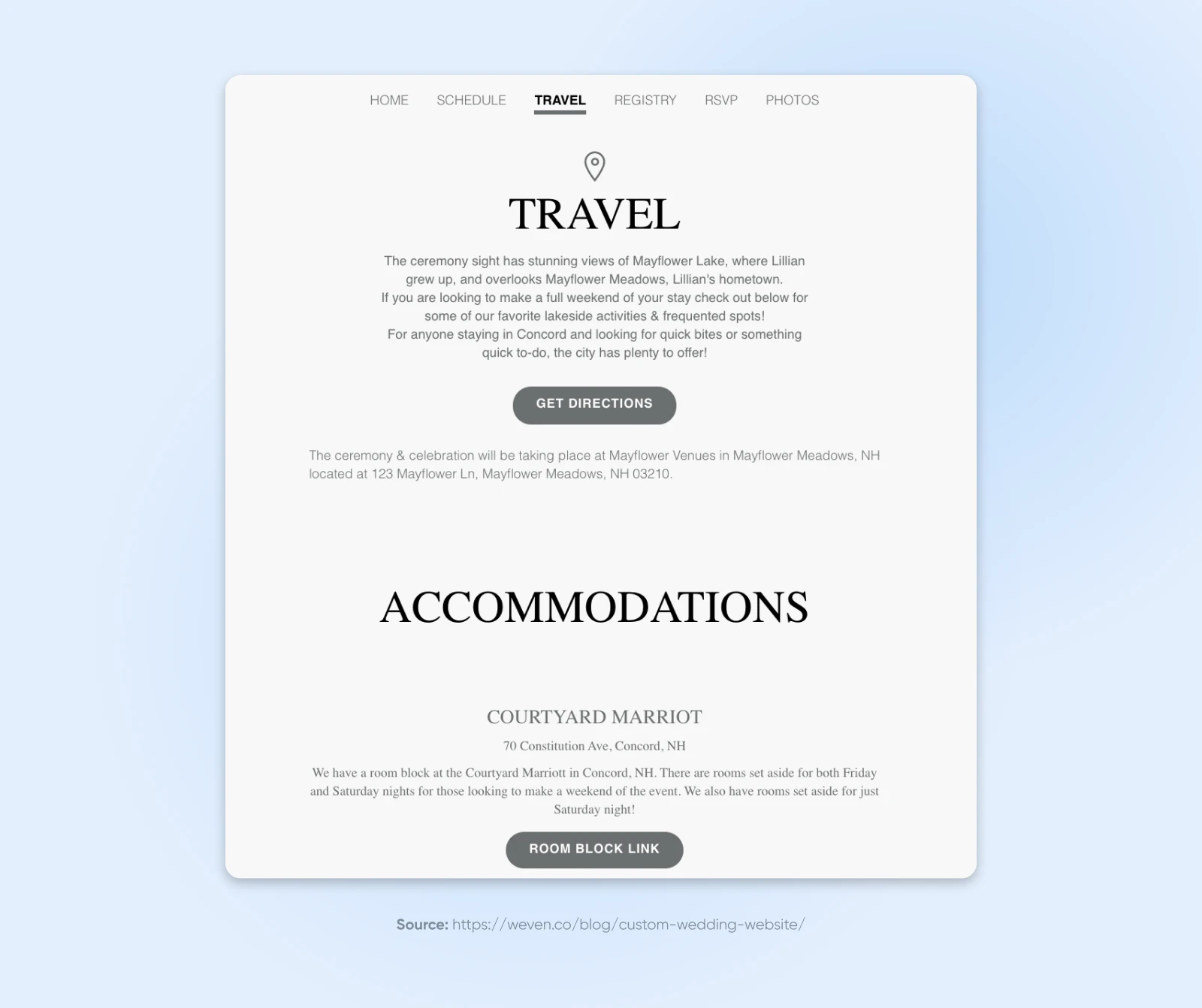 Craft A Beautiful Wedding Website With Wordpress 31 Travel And Accommodation Page With Ceremony Location Map And Addresses For Ceremony, Reception, And Hotel Information.