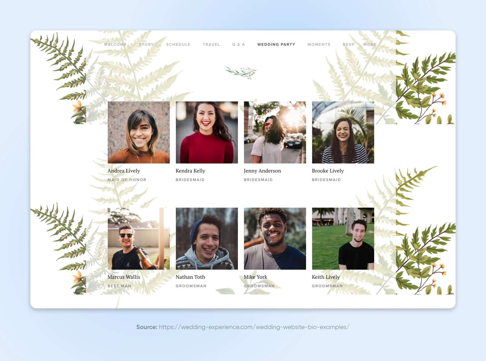 Craft A Beautiful Wedding Website With Wordpress 29 Wedding Party Page With A Grid Of 8 Photos Of Smiling Bridesmaids And Groomsmen With Their Names Underneath Each Photo.