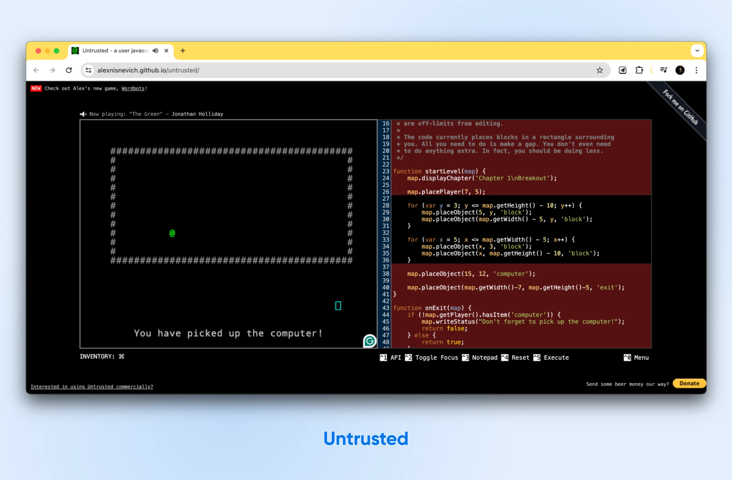 How To Learn Javascript In 2024 31 Untrusted'S Zone With The Code On The Right, And &Quot;Now Playing: The Green&Quot; Game On The Left. Menu, Reset, Etc. Buttons Below