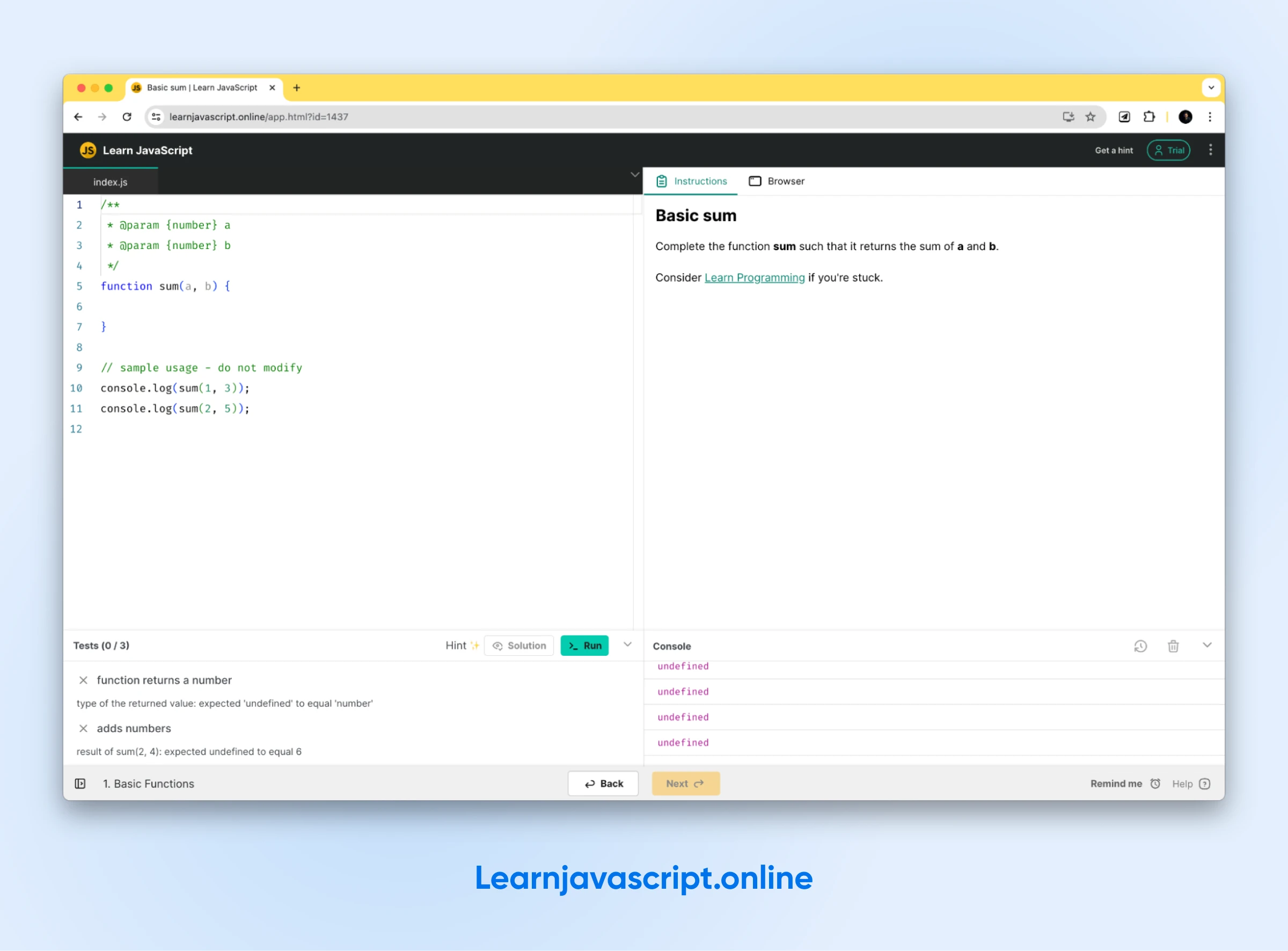 How To Learn Javascript In 2024 27 Learnjavascript.online'S Workspace Opened To &Quot;Basic Sum&Quot; With Code On The Right And Instructions To Start On The Left.
