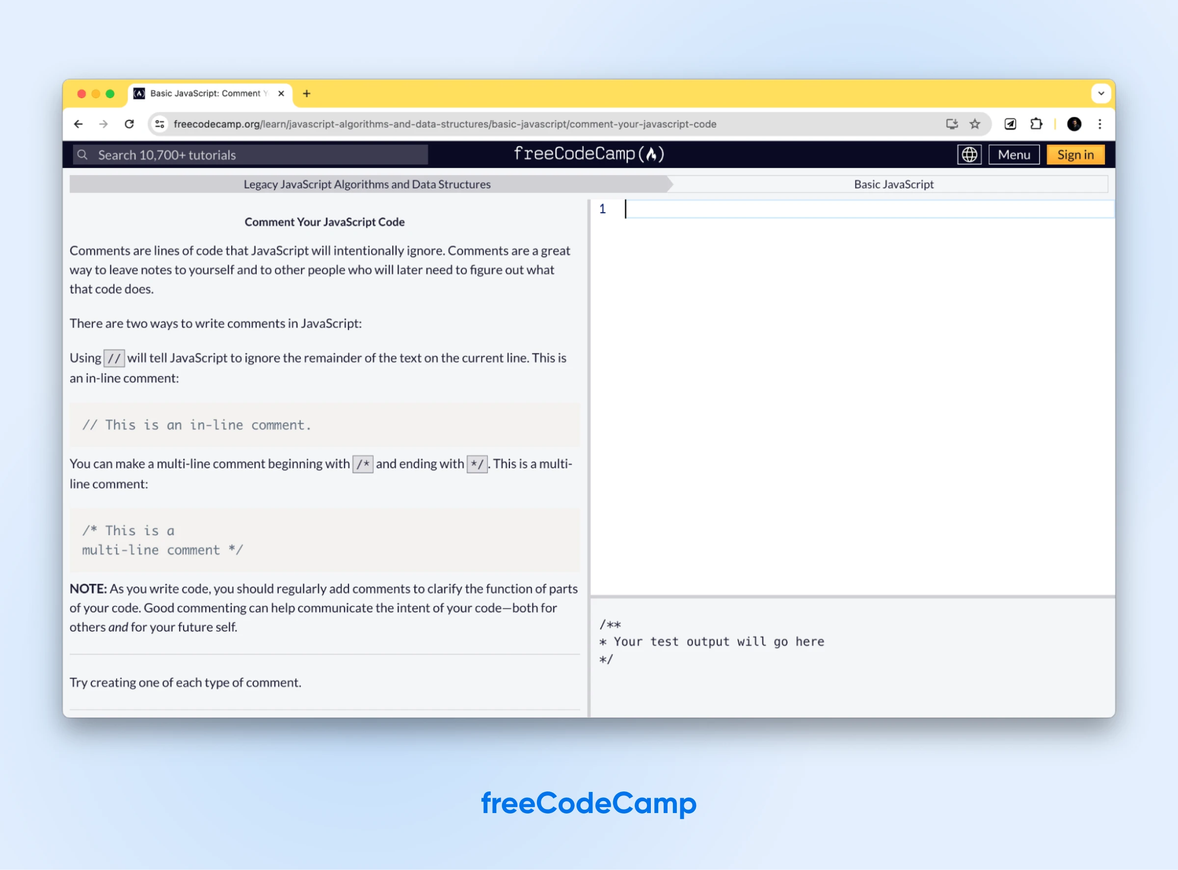 How To Learn Javascript In 2024 26 Freecodecamp'S Basic Javascript Tutorial With Instructions On The Left, And White Space For The Test Output On The Left.