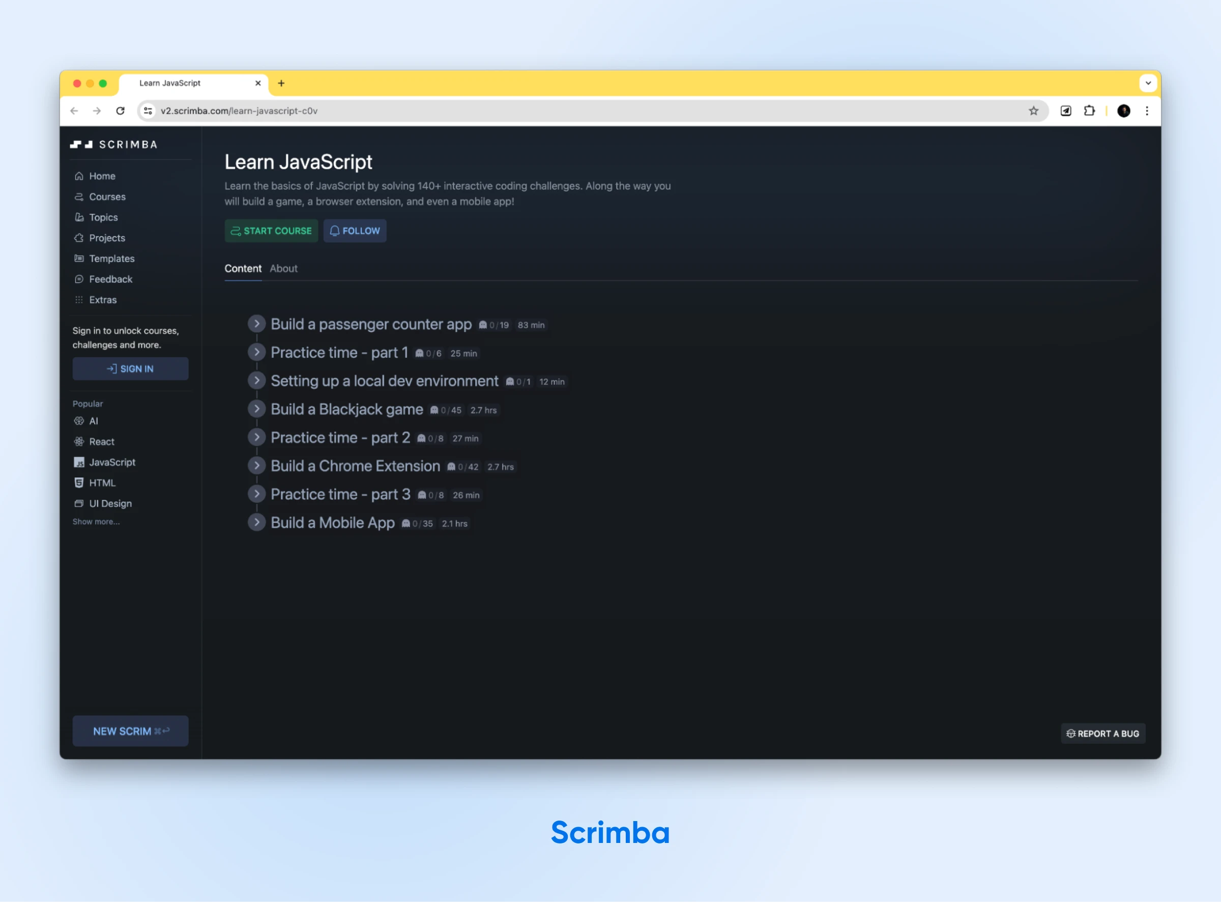 How To Learn Javascript In 2024 28 Scrimba'S Workspace Opened To &Quot;Learn Javascript&Quot; With A Nav-Menu On The Left, And A Button To &Quot;Start Course&Quot; On The Right.
