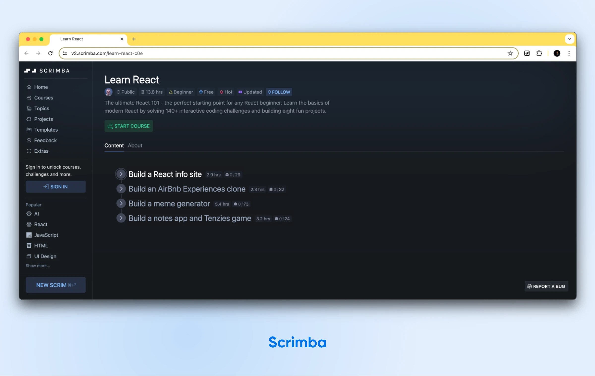 How To Learn React As A Beginner In 2024 37 The Home Page For Scrimba'S Learn React Course Has A Dark Background And A Green &Quot;Start Course&Quot; Button