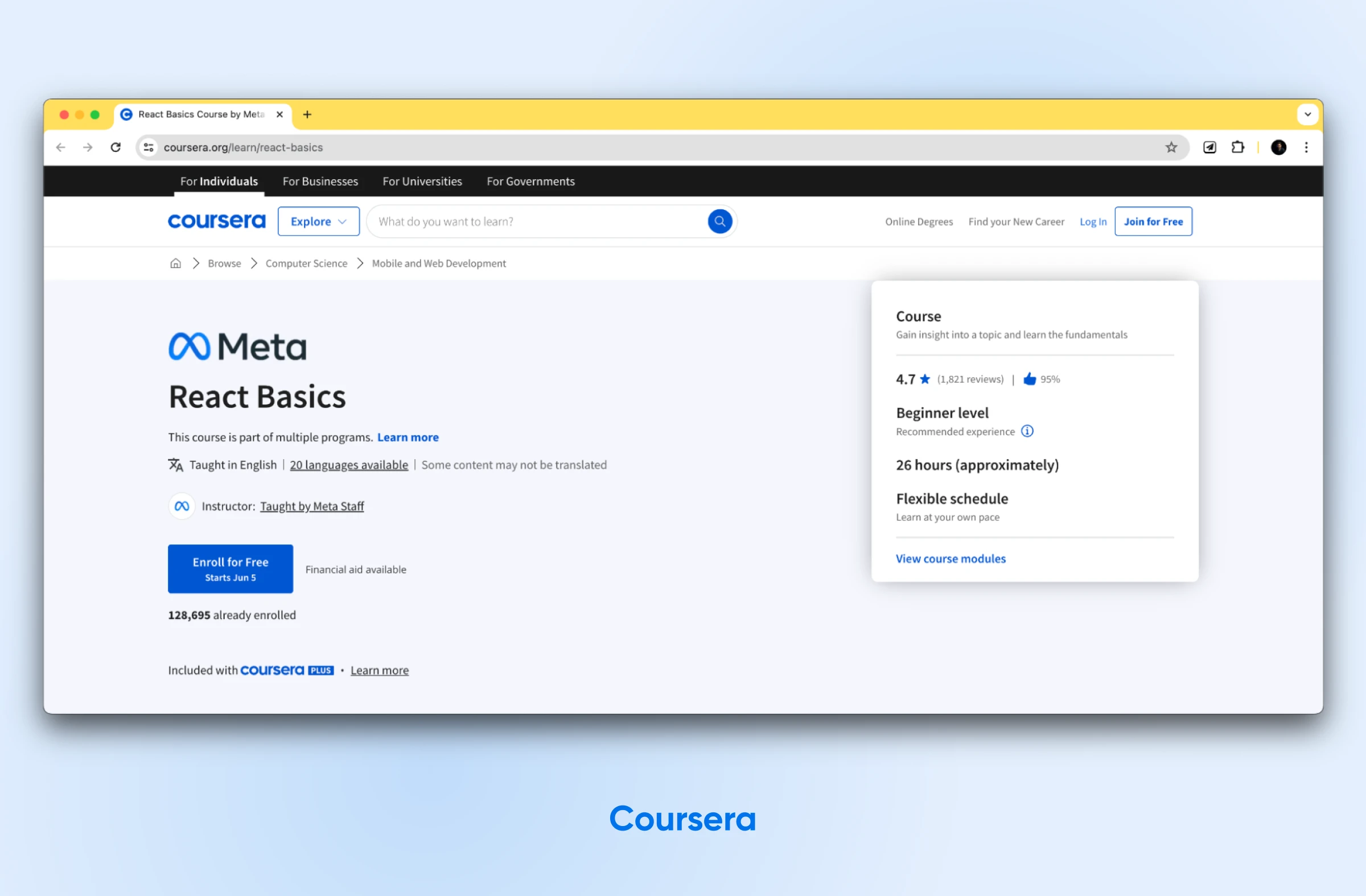 How To Learn React As A Beginner In 2024 36 The Coursera Course &Quot;Meta React Basics&Quot; Gets 4.7 Stars. The Homepage Has A Blue &Quot;Enroll For Free&Quot; Button.