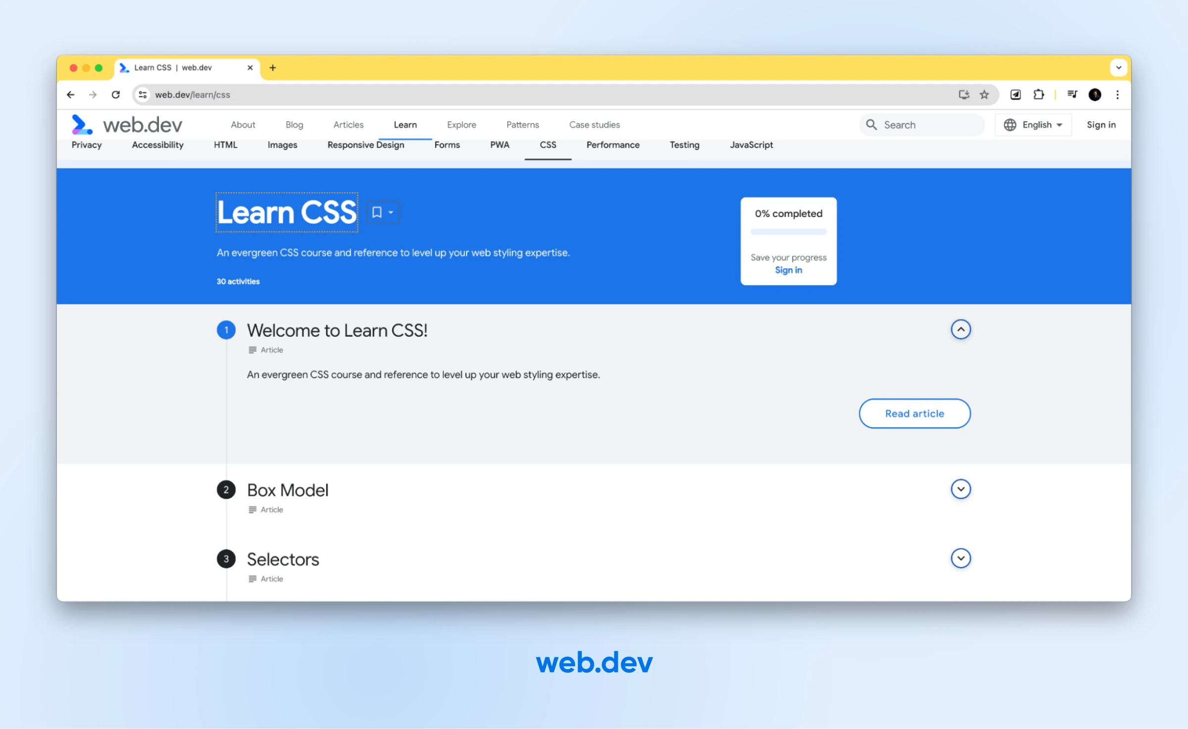 How To Learn Css In 2024 (Fast &Amp; Free) 37 Web.dev Website'S Screenshot With A &Quot;Learn Css&Quot; Course. Ann Outline Showing Two Topics Covered: Box Model And Selectors.