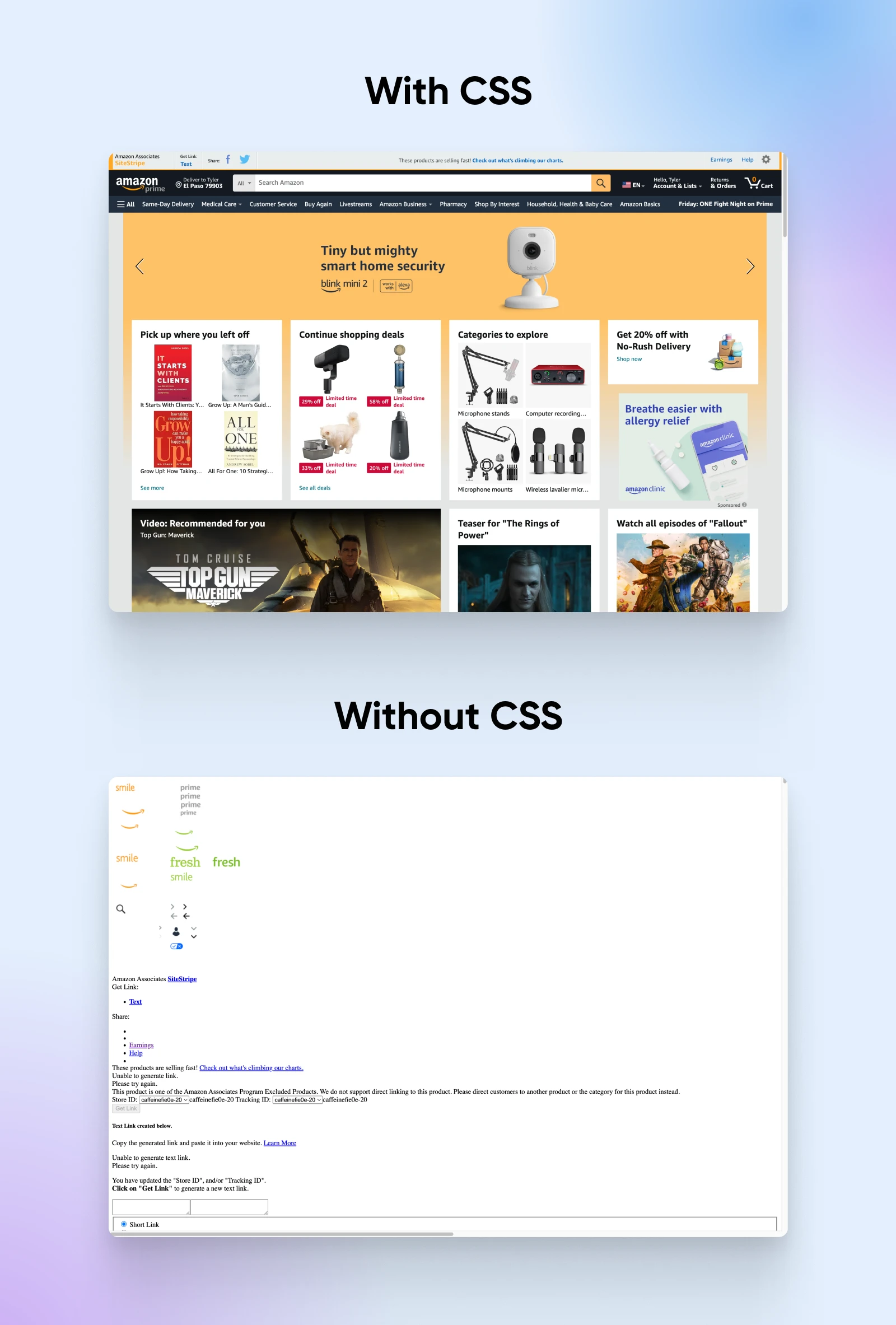 How To Learn Css In 2024 (Fast &Amp; Free) 30 Side-By-Side Comparison Of Amazon.com'S Homepage, One Designed With Css Vs. Without Css.