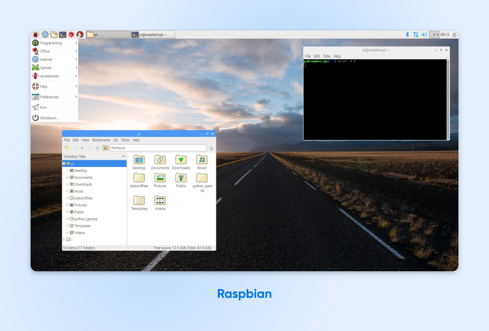 A Deep Dive Into Today’s Best Linux Distros 71 Raspbian Desktop Showing The File Explorer With Folders Like Documents, Downloads, And Python Games On A Road Wallpaper.