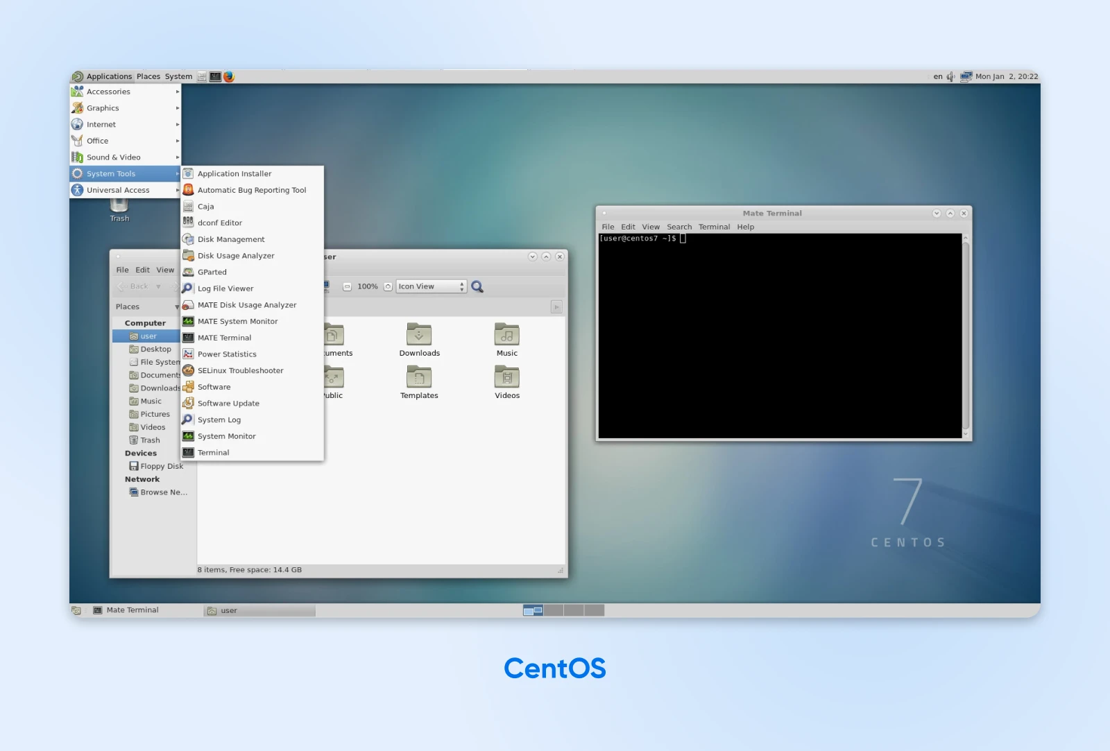 A Deep Dive Into Today’s Best Linux Distros 63 The Gnome Desktop On Centos Linux, Showing The File Manager, Terminal, And Desktop Icons And Widgets.
