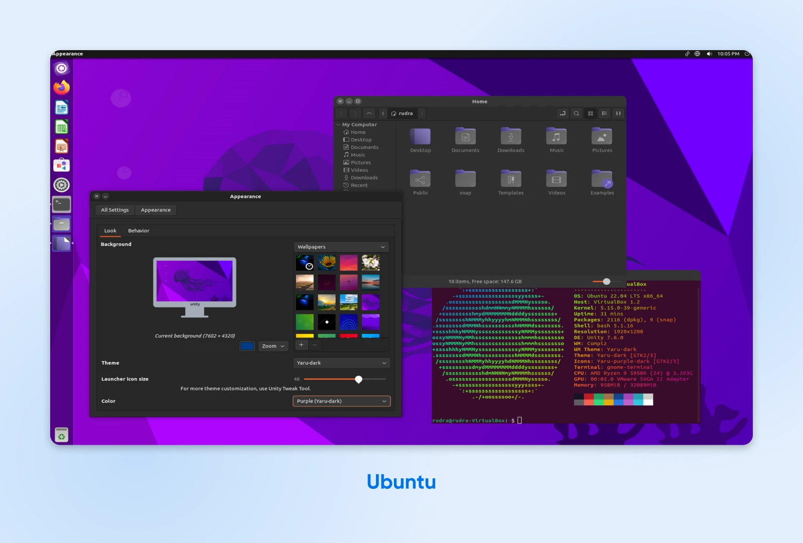 A Deep Dive Into Today’s Best Linux Distros 59 Ubuntu Desktop Appearance Settings Show Options To Customize Lock Screen, Theme, Etc. Terminal Window Displays System Info.
