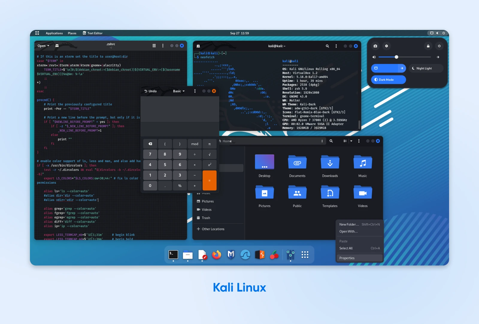 A Deep Dive Into Today’s Best Linux Distros 66 The Kde Desktop Environment On Kali Linux, With A Code Editor, File Manager, Calculator And Terminal Open.