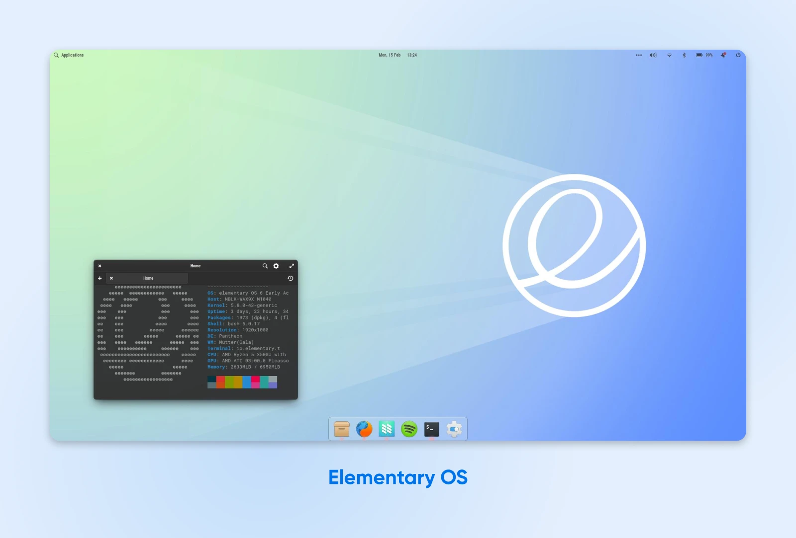 A Deep Dive Into Today’s Best Linux Distros 64 Elementary Os Desktop Showing Terminal Window With Code And App Icons On A Blue Gradient Background.