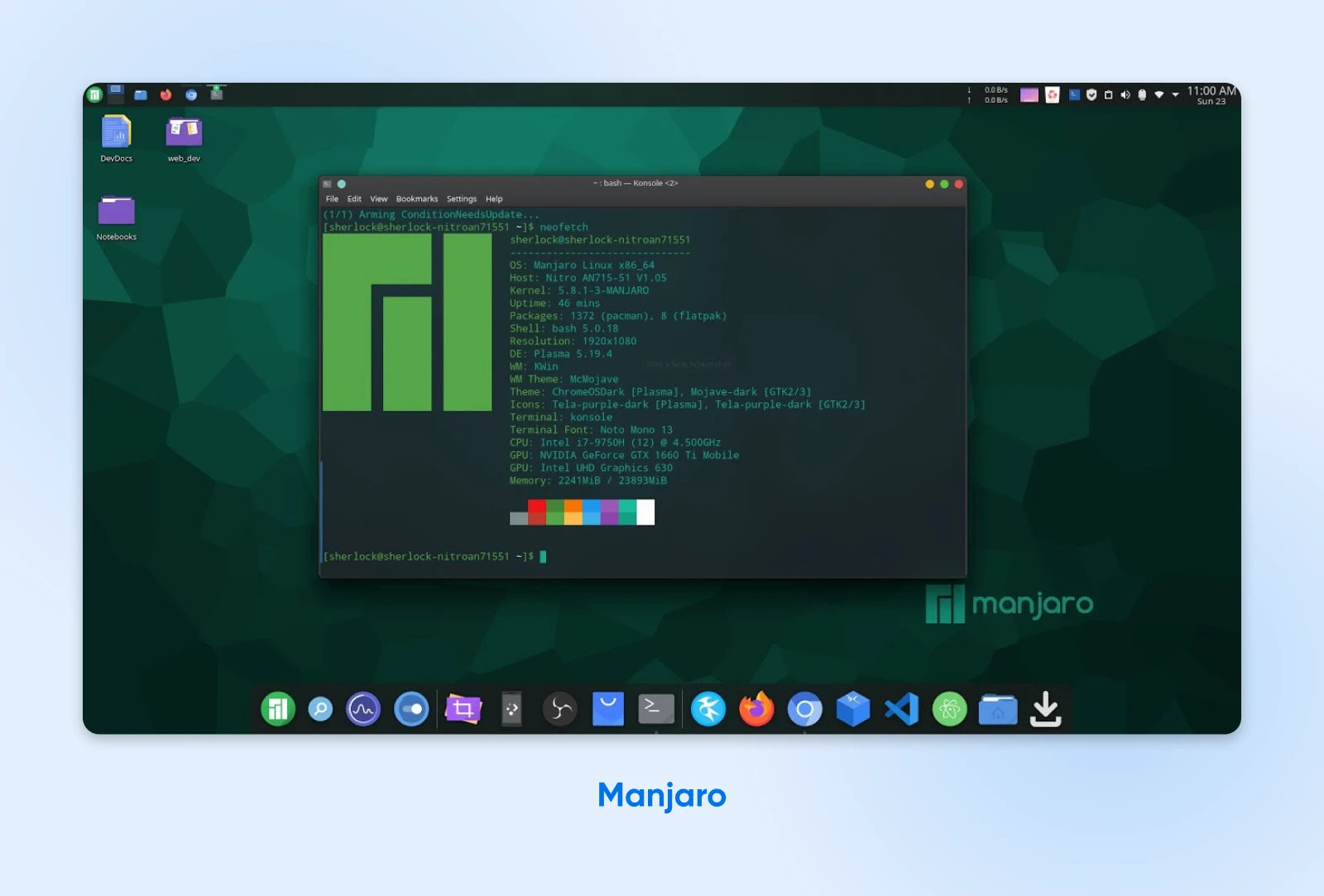 A Deep Dive Into Today’s Best Linux Distros 65 A Manjaro Linux Desktop Showing System Information And Specifications In The Terminal Window On A Green Background.