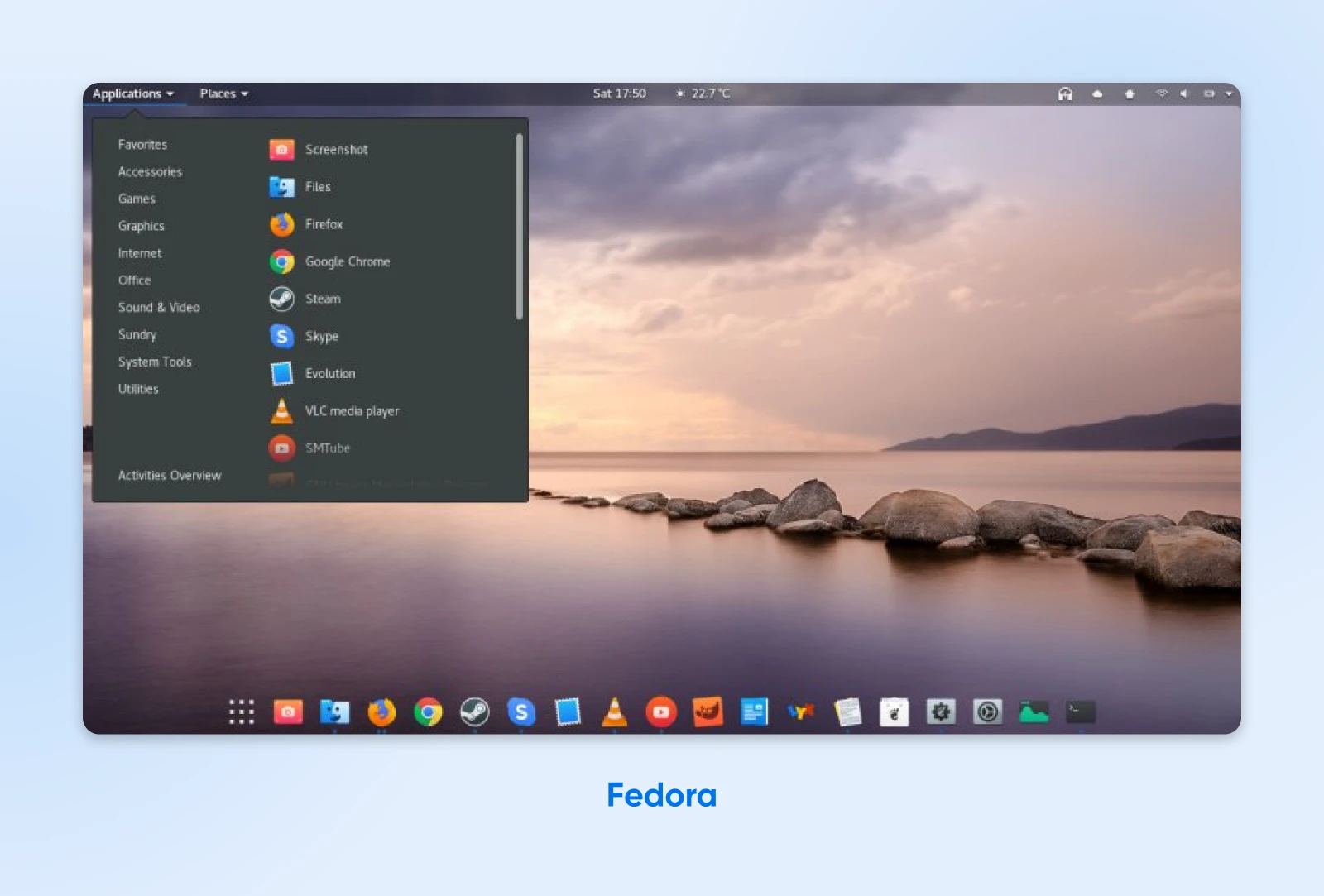 A Deep Dive Into Today’s Best Linux Distros 60 Fedora Linux Desktop With A Scenic Landscape Wallpaper Showing A Lake With Rocks In The Foreground And Mountains.