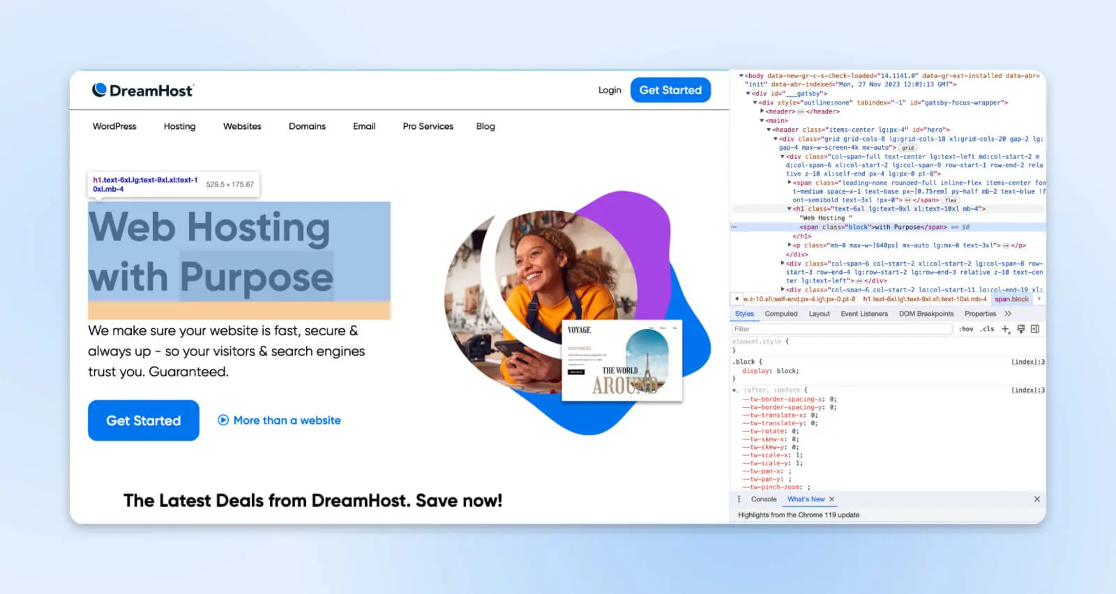 Dreamhost Webpage With H1 Highlighted And The Corresponding Code Highlighted On The Right In The Inspect Tool 