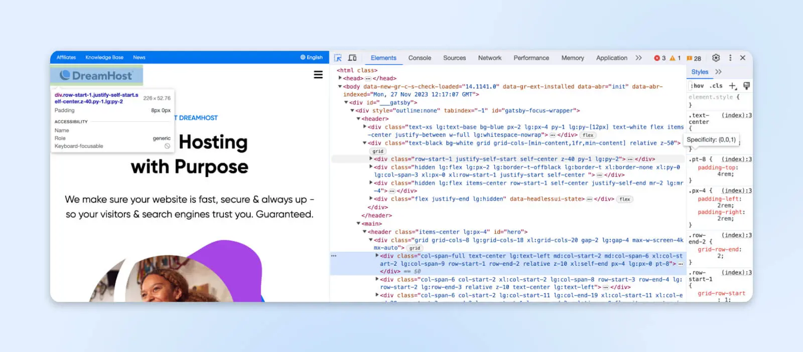 Same Dreamhost Page With Company Logo Highlighted And The Corresponding Code Highlighted In The Inspect Element Box 