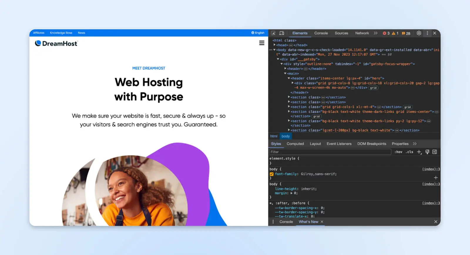 Same Dreamhost Web Page Showing The Inspect Element Pages In Dark Mode