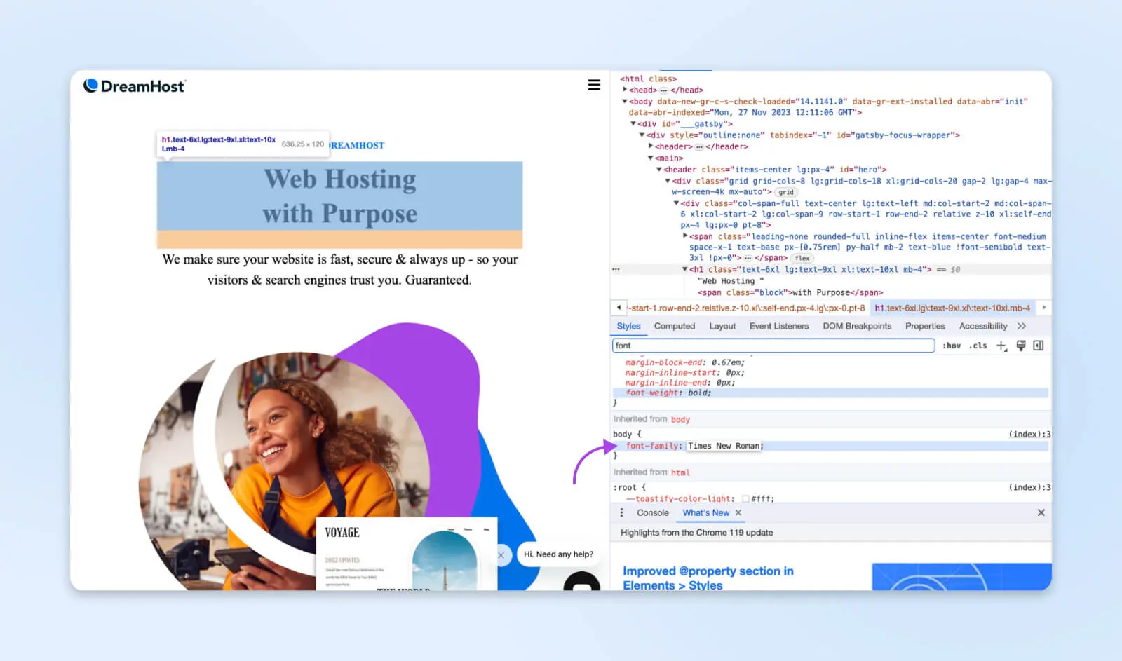 The Same Dreamhost Webpage With The H1 Highlighted And The Inspect Code Showing &Quot;Font-Family&Quot; Changed To Times New Roman Reflected In The H1