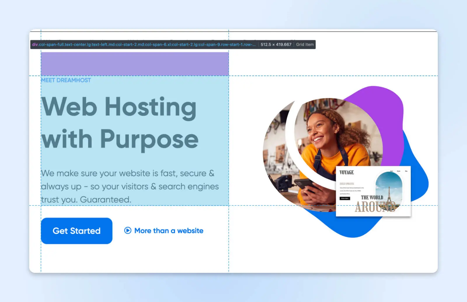 Same Dreamhost Webpage Showing Different Elements (Image, H1) Within And Overlapping Grids 