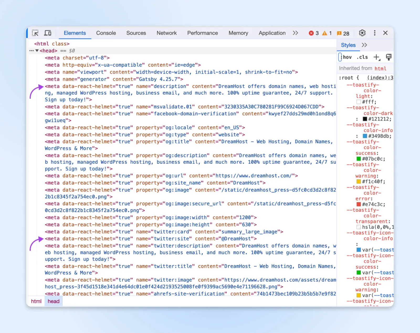 Long Inspect Element Field Pointing Out &Quot;Meta Data&Quot; Fields, One For Dreamhost And One For Twitter With Og:titles
