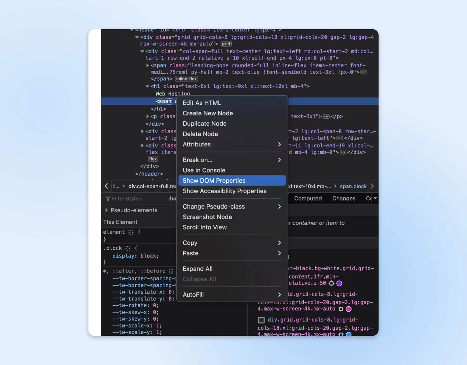Right-Click Menu From Inspector Box Highlighting The &Quot;Show Dom Properties&Quot; Option 