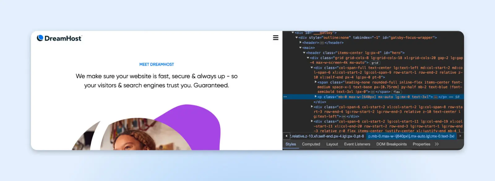 Close Up Of Dreamhost Webpage With Inspect Element Highlighting A &Lt;P Class&Gt; Code