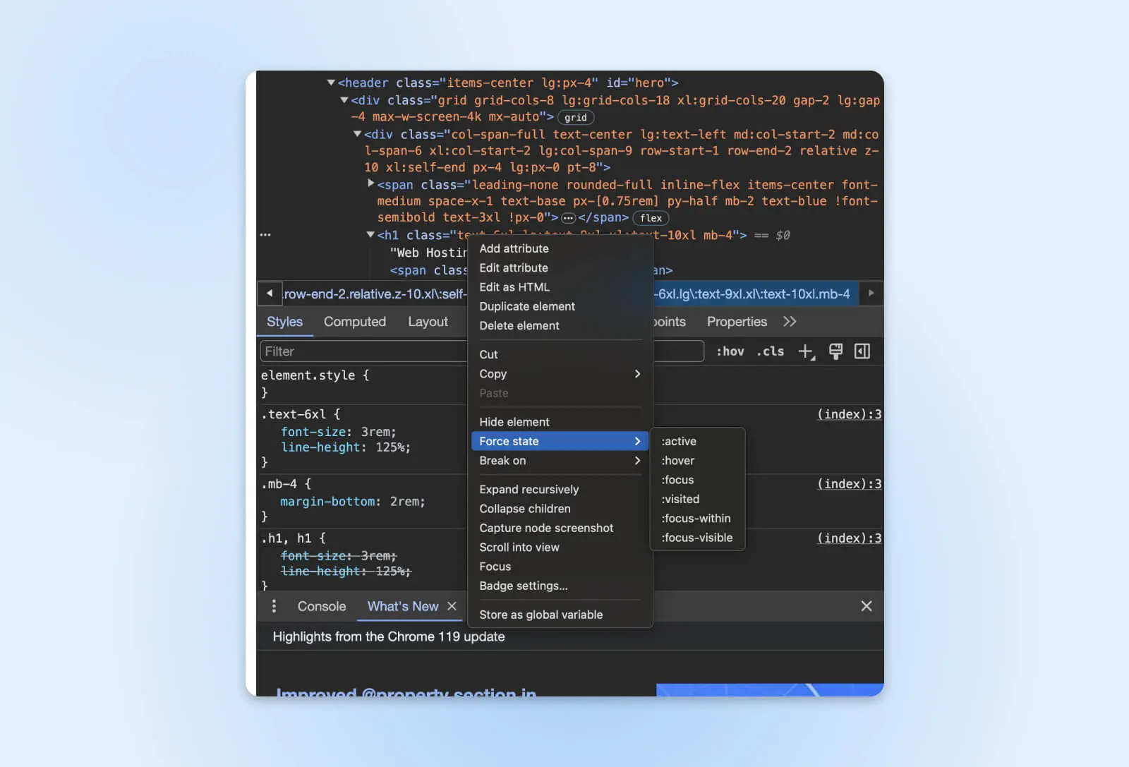 Right Click Menu Opened Over Inspect Element With &Quot;Force State&Quot; Option Highlighted