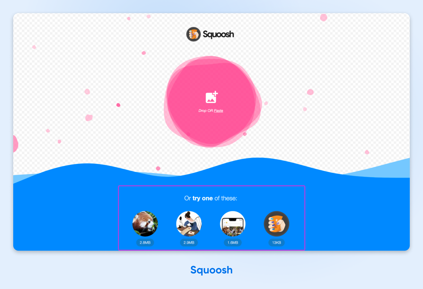 How To Optimize Images For The Modern Web 45 Screenshot Of Squoosh Homepage Displaying Options To &Quot;Drop Or Paste&Quot; Or &Quot;Try One Of These&Quot; With Four Size Options