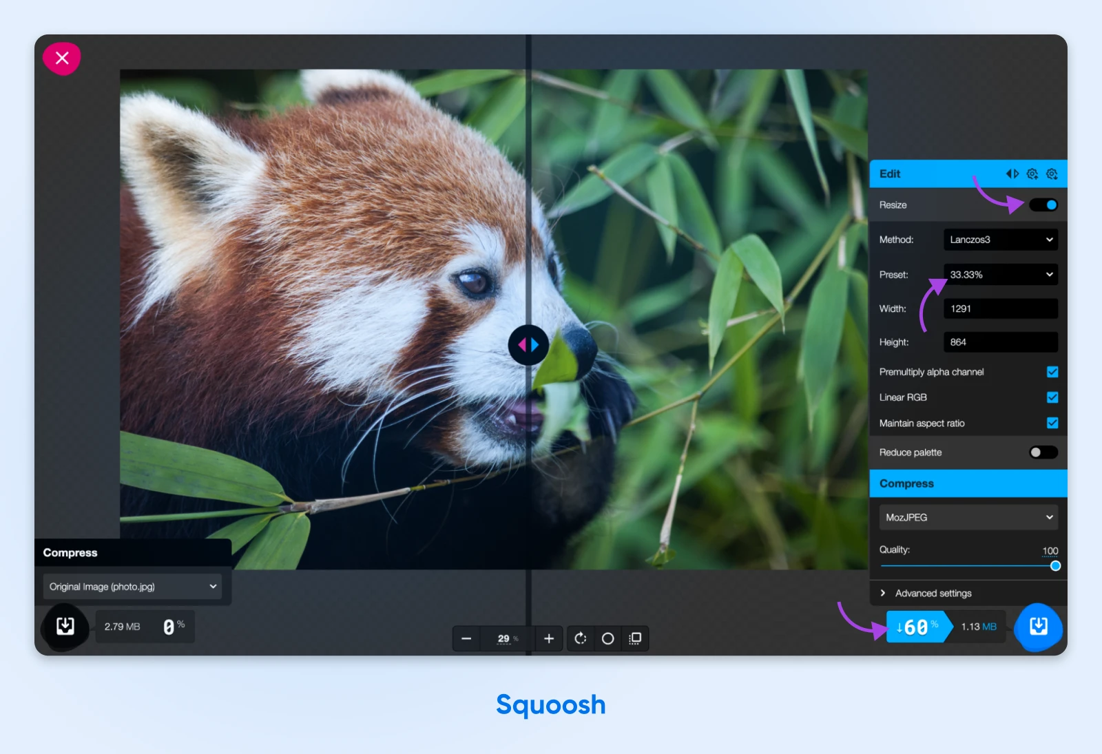 How To Optimize Images For The Modern Web 46 Screenshot Showing The Location Of The Toggle On The Right Hand Screen As Well As The Preset Percentages